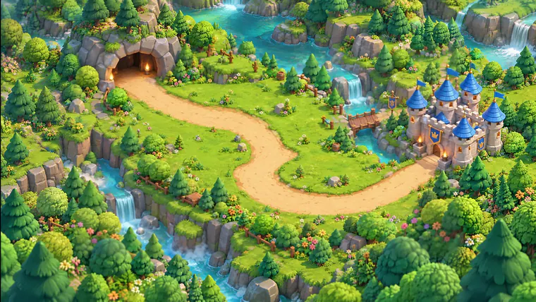 Painted map of a forest valley with a winding road and a waterfall