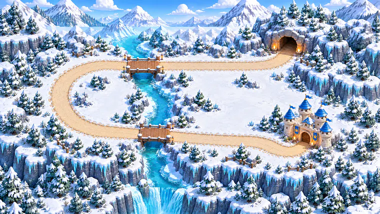 Painted map of a snowy valley with a frozen river and two bridges