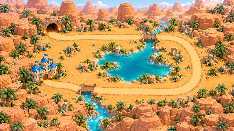 Painted map of a desert canyon ringing an oasis