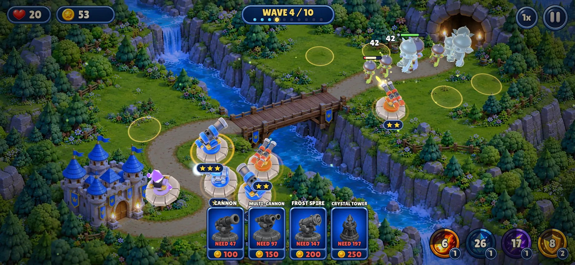 Battle at Gorge Bridge: a river gorge, towers by the castle, brutes coming over the hill