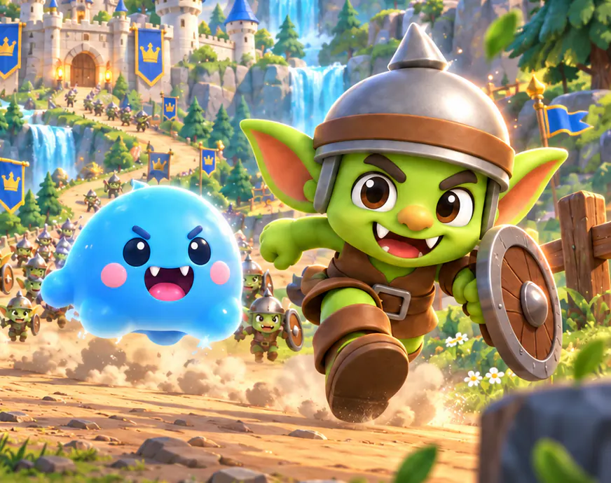 A helmeted goblin and a blue slime charging down the road toward the castle
