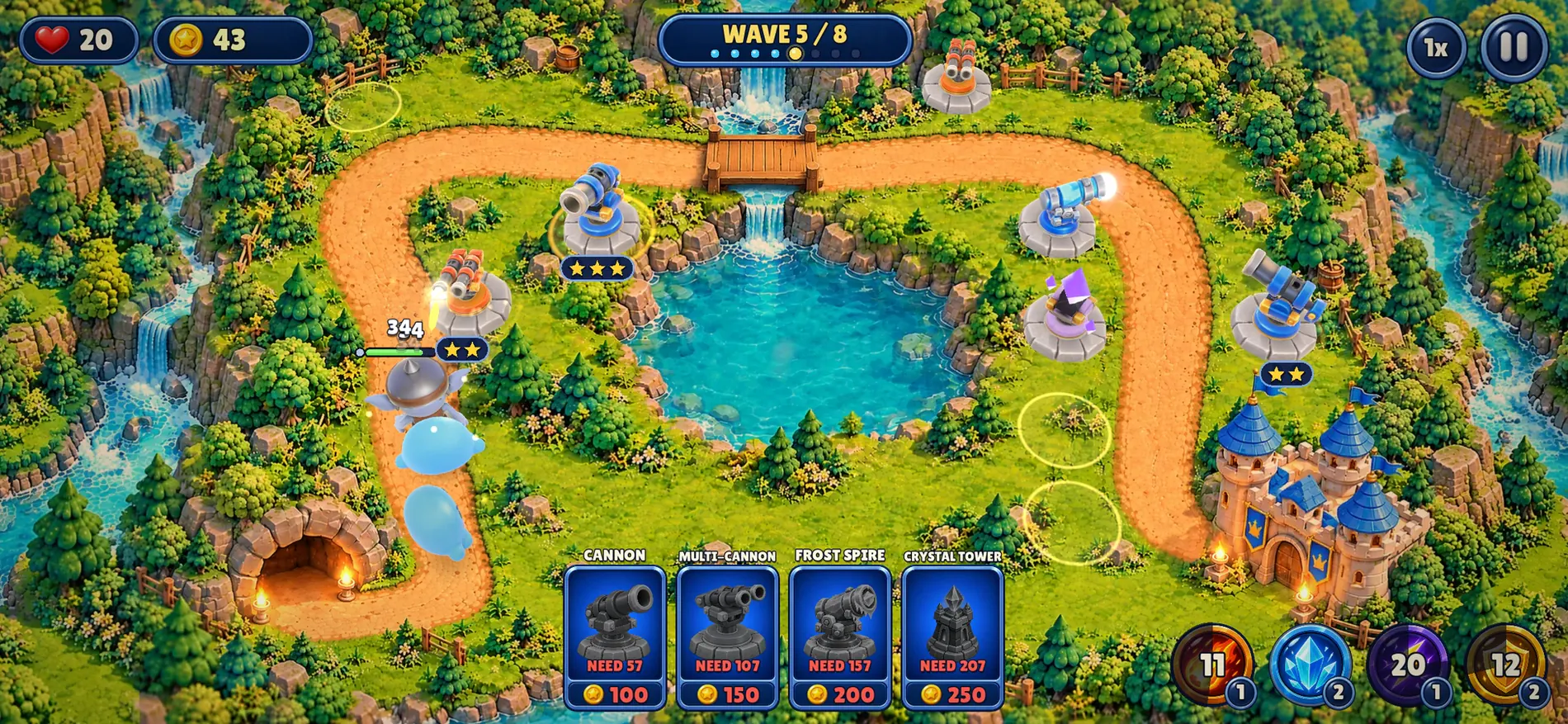 Battle at Mirror Lake: towers around a lake, slimes and a goblin on the road, the tower bar at the bottom