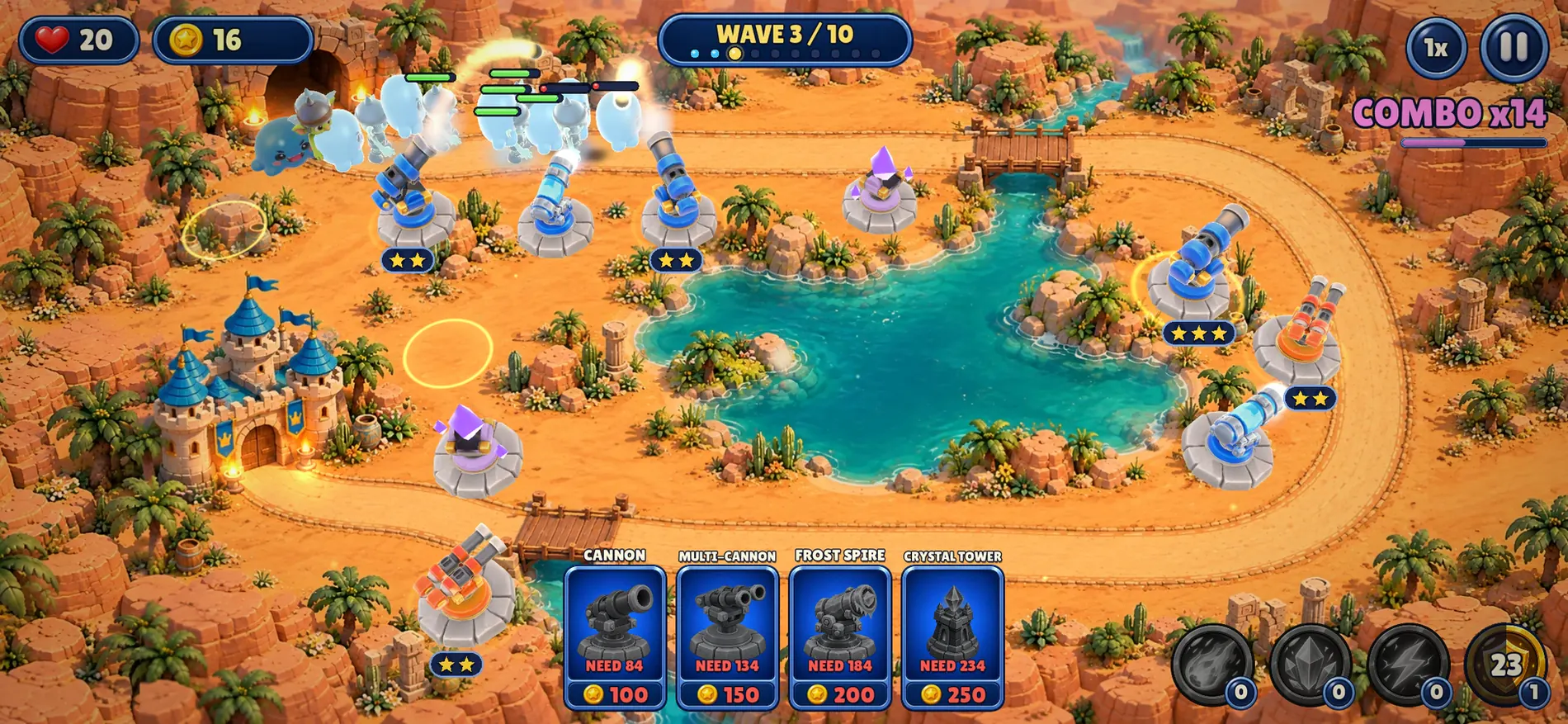 Battle at Oasis Ring: towers around a desert lake, an enemy column leaving the cave
