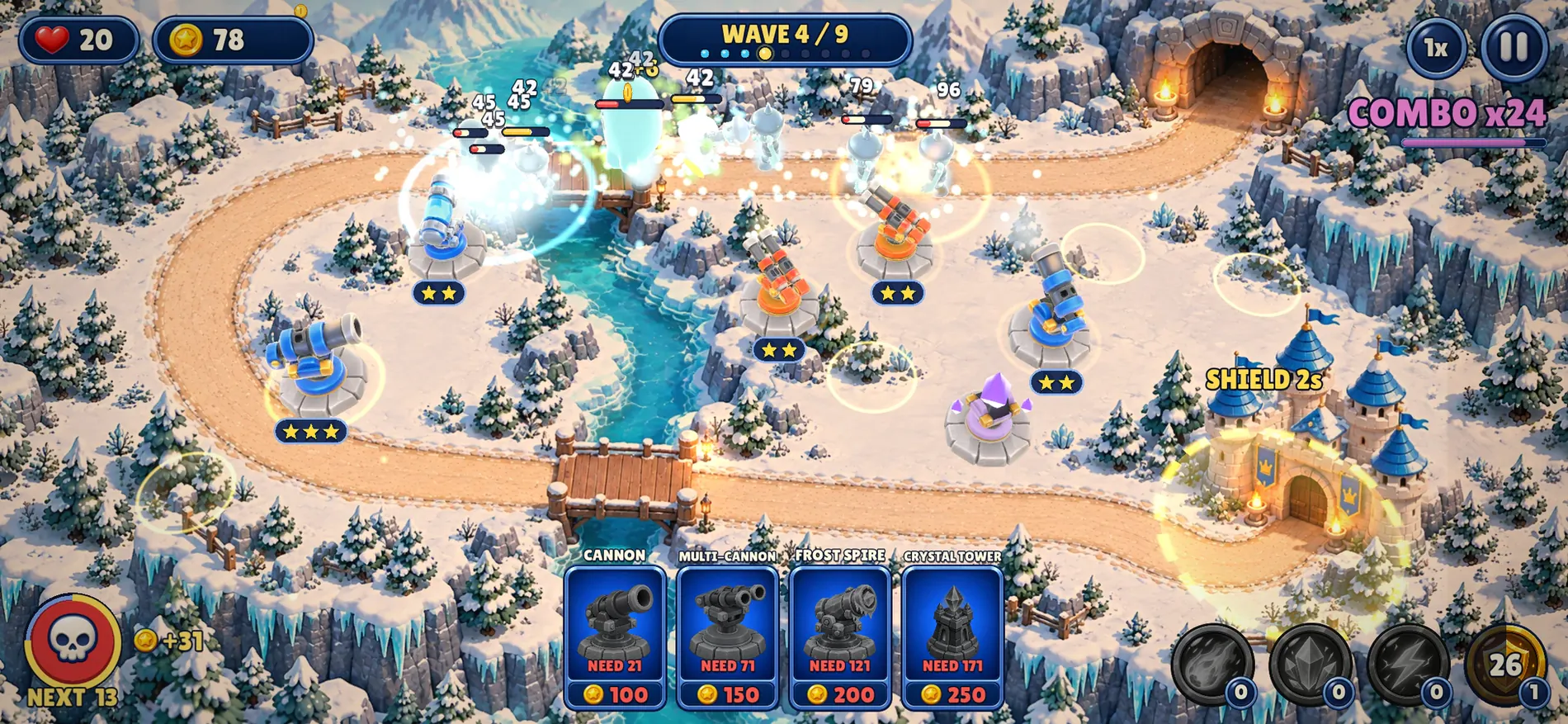 Battle at Twin Bridges: frost and cannon towers along a snowy river, a combo counter and the Royal Shield at the castle